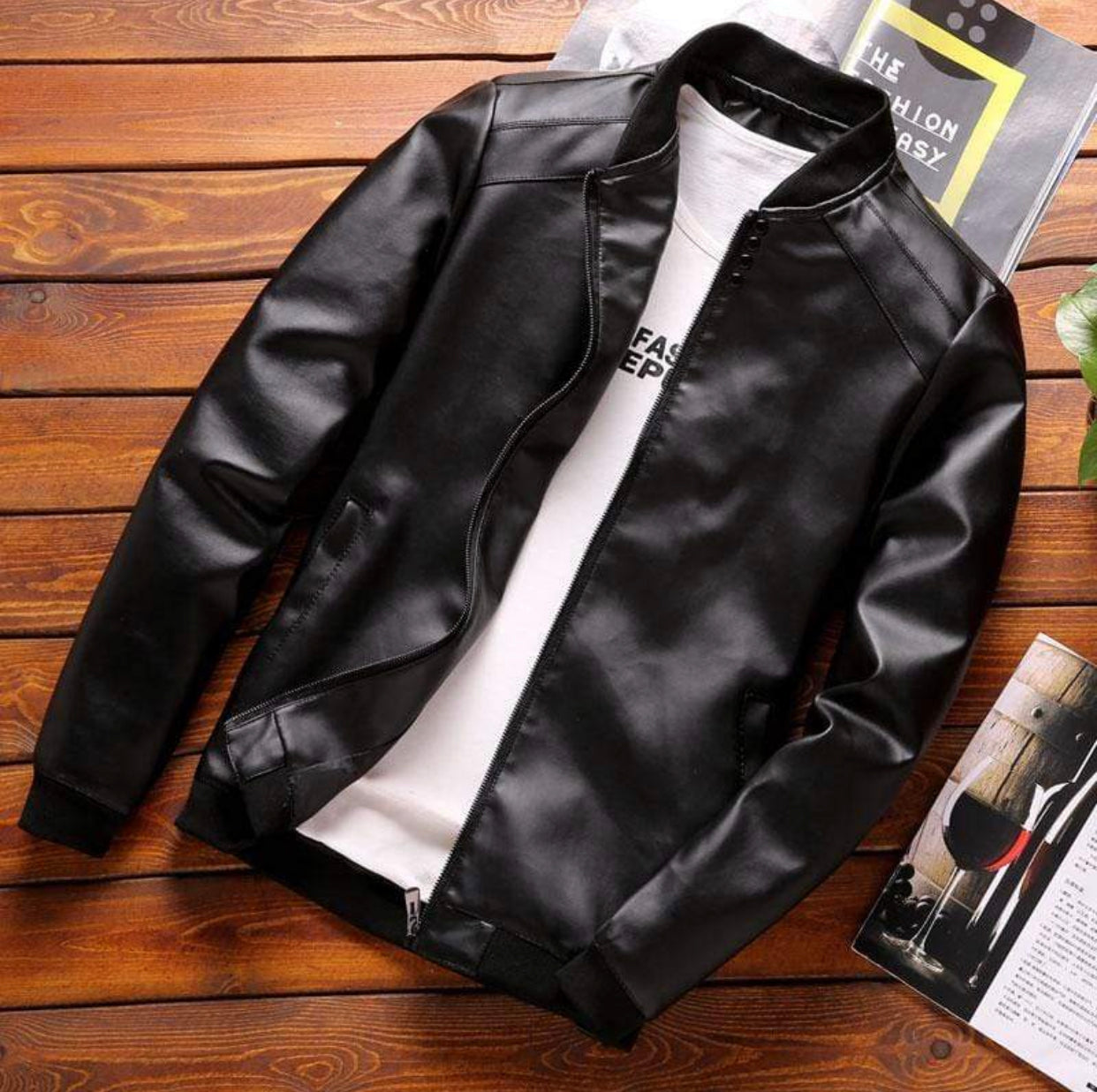 Men PU Leather Jackets Fashion Casual Coats Outerwear Slim Fit Leather Jacket