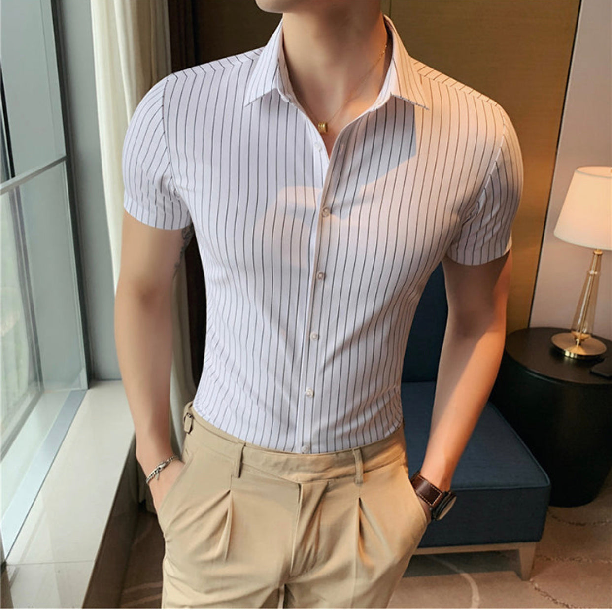 Striped Slim Fit Business Formal Short Sleeve