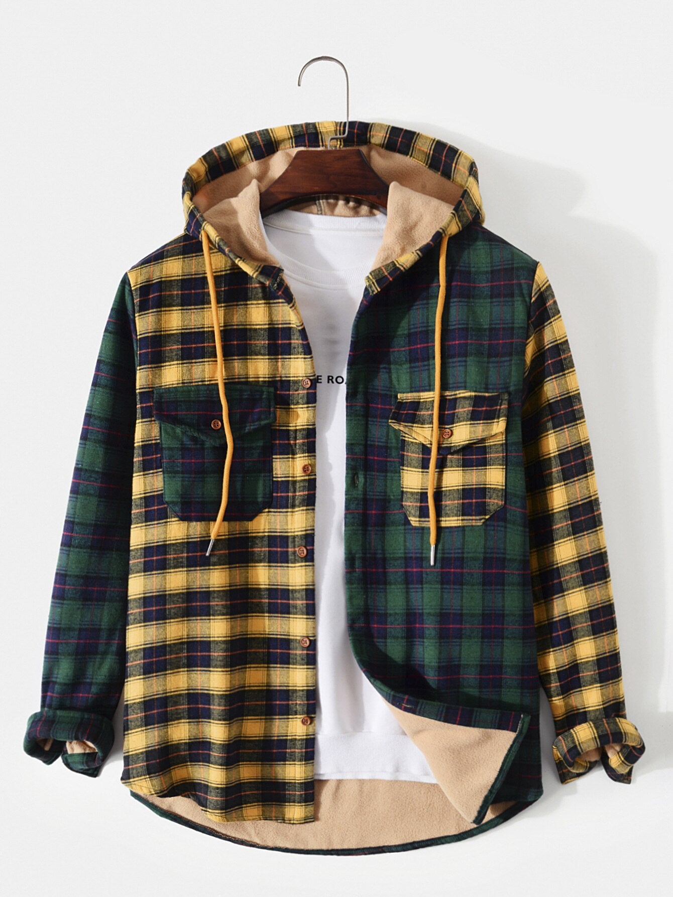Patchwork Thick Fleece Hooded Shirt