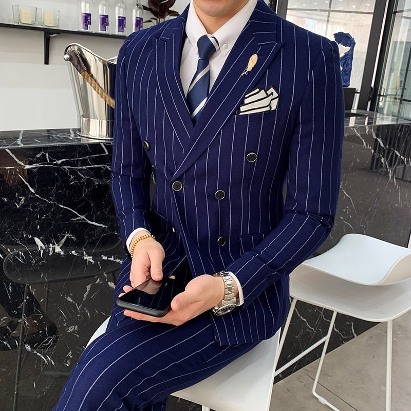 Men's Striped Casual British 2 Piece Set Tuxedo