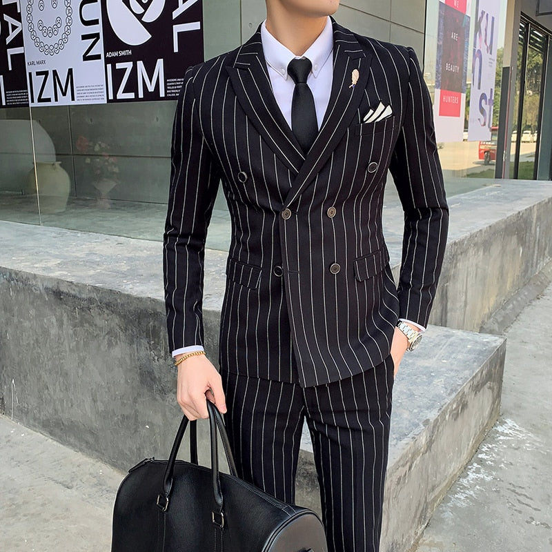 Men's Striped Casual British 2 Piece Set Tuxedo