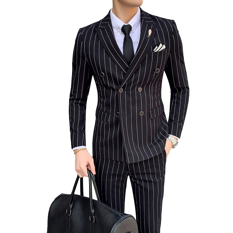 Men's Striped Casual British 2 Piece Set Tuxedo