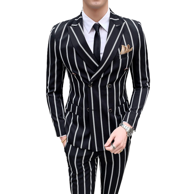 Men's Striped Casual British 2 Piece Set Tuxedo