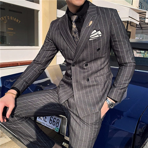 Men's Striped Casual British 2 Piece Set Tuxedo