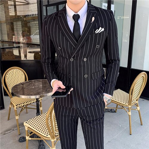 Men's Striped Casual British 2 Piece Set Tuxedo