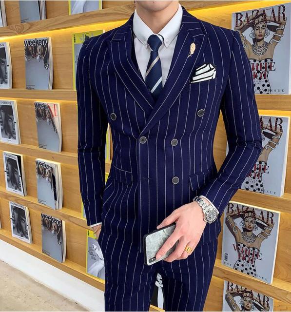 Men's Striped Casual British 2 Piece Set Tuxedo
