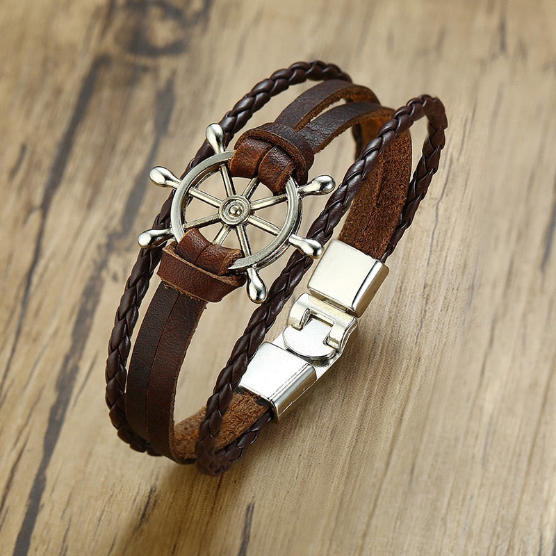 Rudder Charm Multi-layer Leather Rope Bracelets Bangles