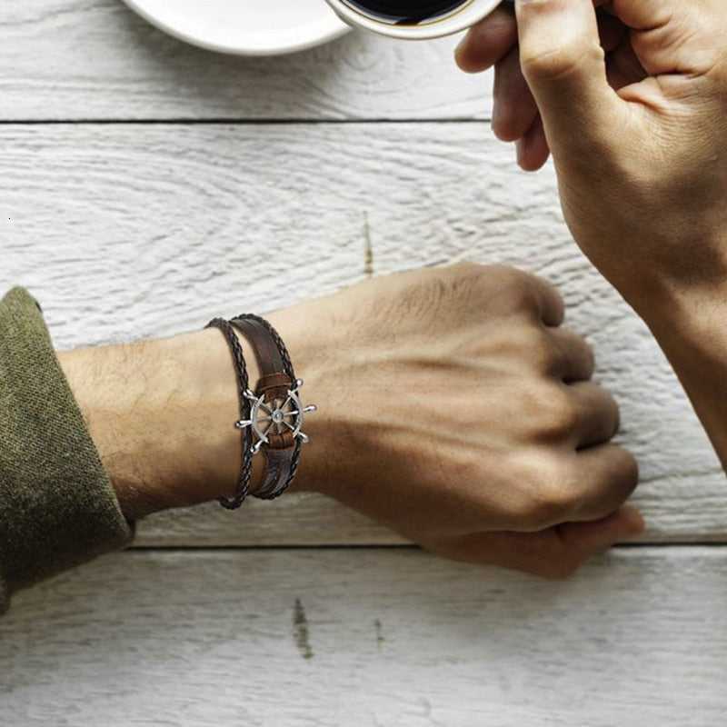 Rudder Charm Multi-layer Leather Rope Bracelets Bangles