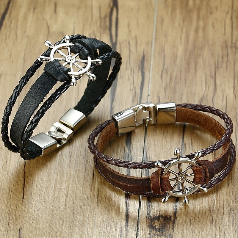 Rudder Charm Multi-layer Leather Rope Bracelets Bangles