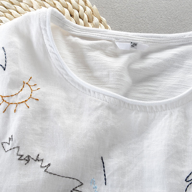 Short-Sleeve Men Casual Embroidery Stitching Round Neck T-shirt