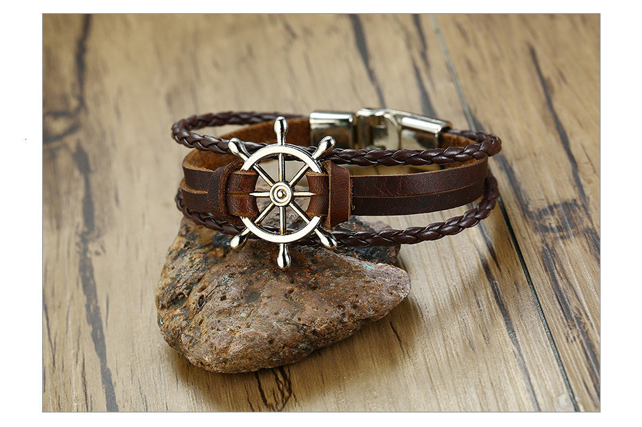Rudder Charm Multi-layer Leather Rope Bracelets Bangles