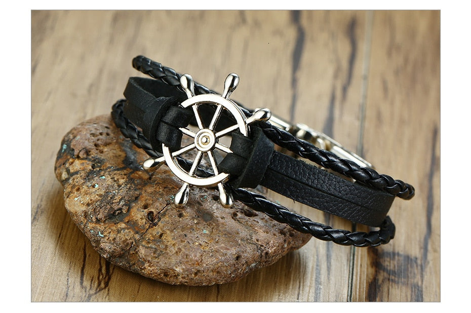 Rudder Charm Multi-layer Leather Rope Bracelets Bangles