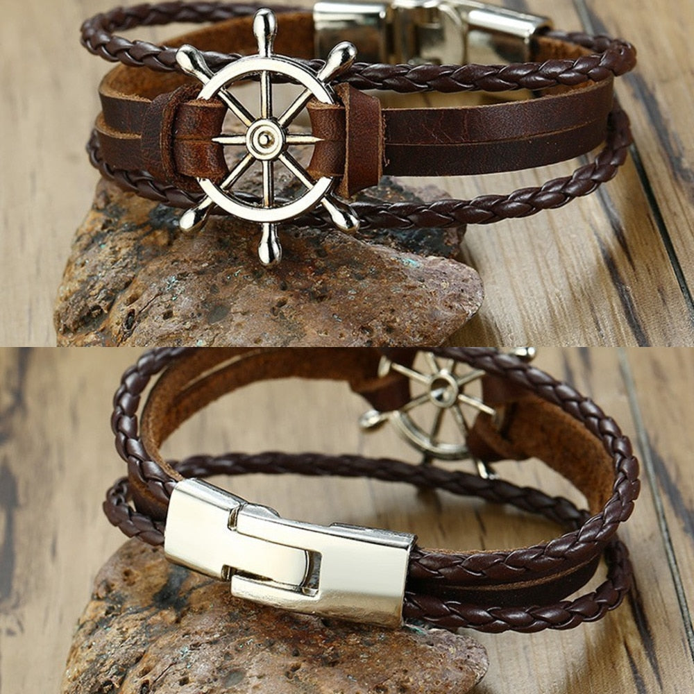 Rudder Charm Multi-layer Leather Rope Bracelets Bangles