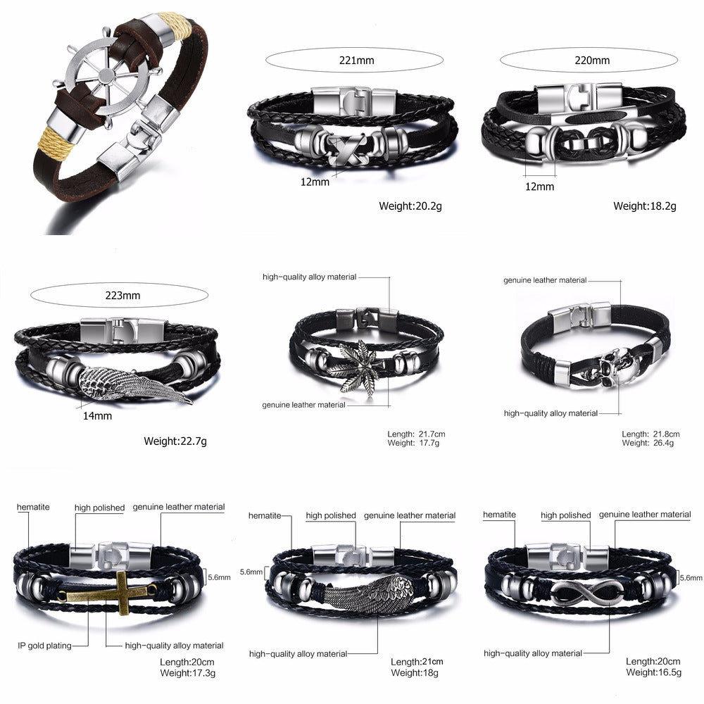 Rudder Charm Multi-layer Leather Rope Bracelets Bangles