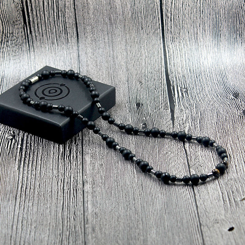 Fashion Classic Vintage Men Matte Black Natural Stone Necklace
