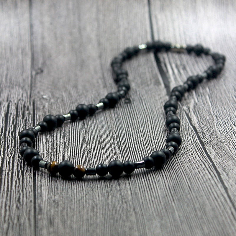 Fashion Classic Vintage Men Matte Black Natural Stone Necklace