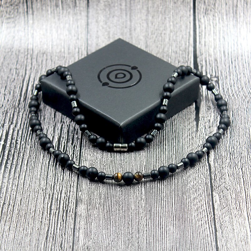Fashion Classic Vintage Men Matte Black Natural Stone Necklace