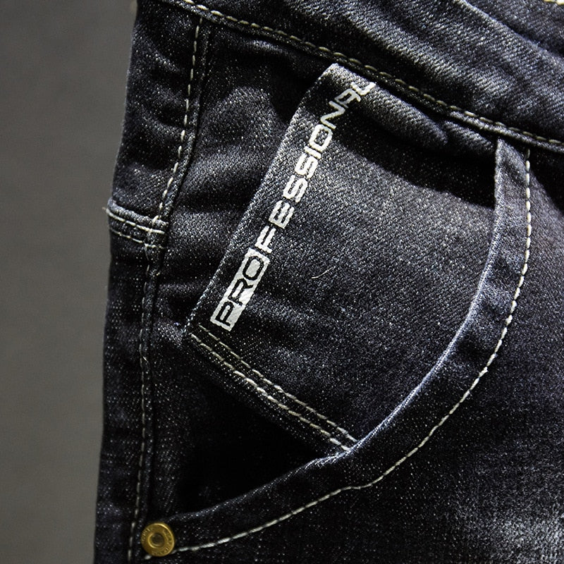 Ripped Jeans Men Dark Blue Stretch Slim Fit Distressed Streetwear Denim Pants