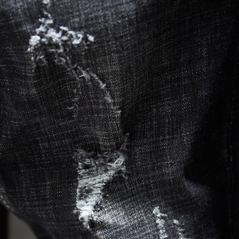 Ripped Jeans Men Dark Blue Stretch Slim Fit Distressed Streetwear Denim Pants