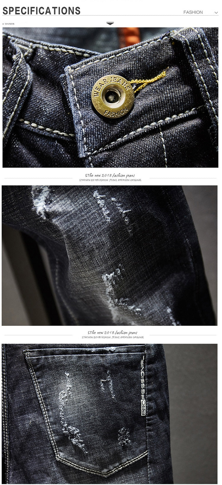 Ripped Jeans Men Dark Blue Stretch Slim Fit Distressed Streetwear Denim Pants