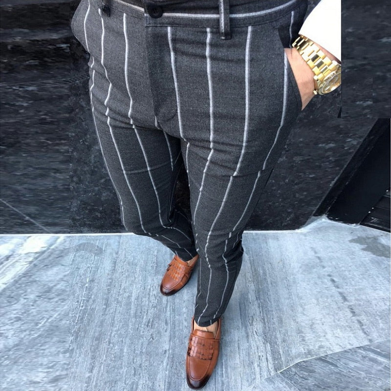 Slim Fit Pants Plaid Design Fashion Grey With Stripe Casual Pants