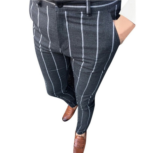 Slim Fit Pants Plaid Design Fashion Grey With Stripe Casual Pants