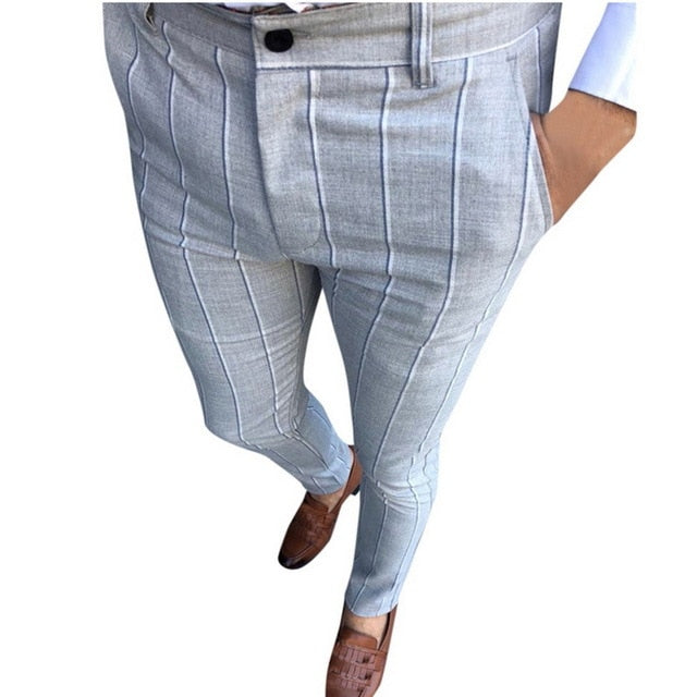 Slim Fit Pants Plaid Design Fashion Grey With Stripe Casual Pants