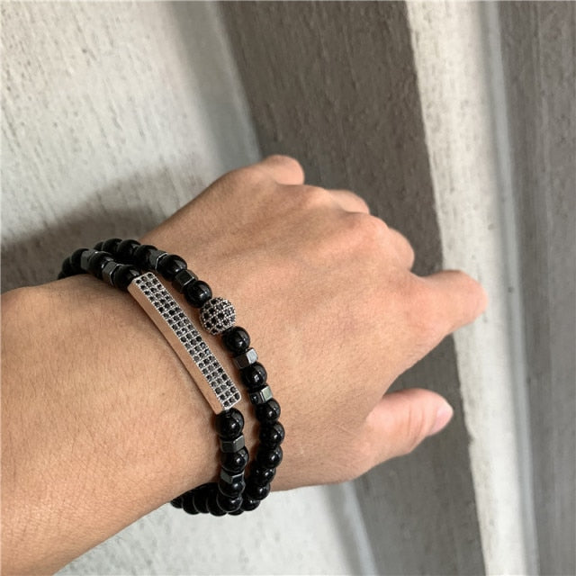 3Pc/Sets Micro Pave Ball Bar Charms Bracelets Sets