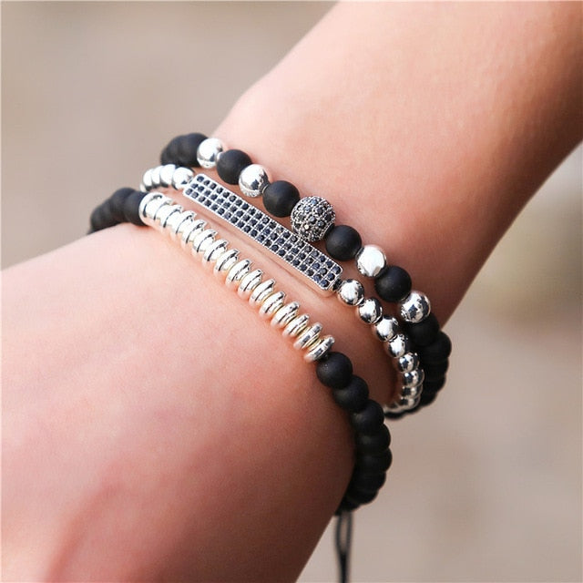 3Pc/Sets Micro Pave Ball Bar Charms Bracelets Sets
