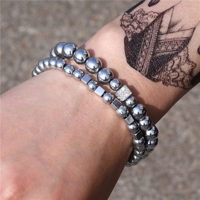 3Pc/Sets Micro Pave Ball Bar Charms Bracelets Sets