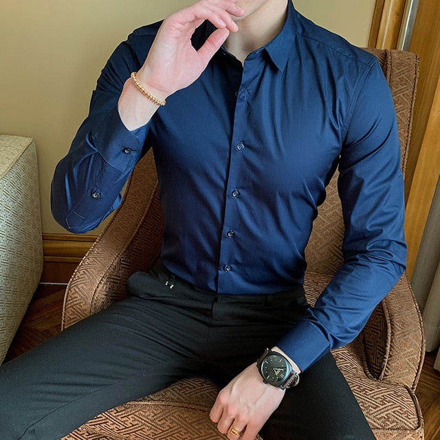 Fashion Long Sleeve Shirt Solid Slim Fit Casual Dress Shirt