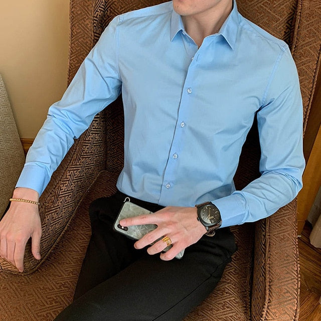 Fashion Long Sleeve Shirt Solid Slim Fit Casual Dress Shirt