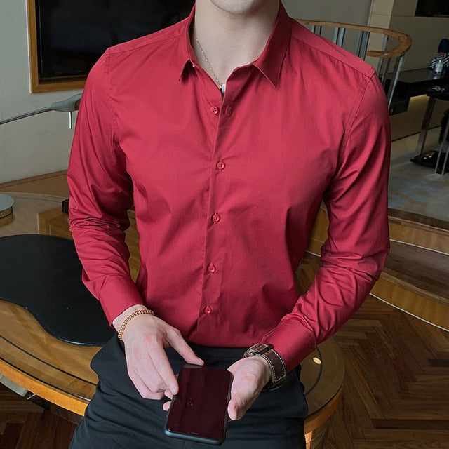Fashion Long Sleeve Shirt Solid Slim Fit Casual Dress Shirt