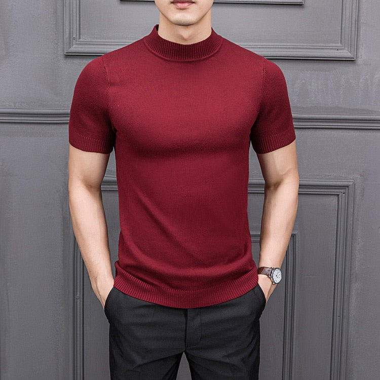 Semi-High Collar Knitting For Male Half-Sleeved Men Sweater