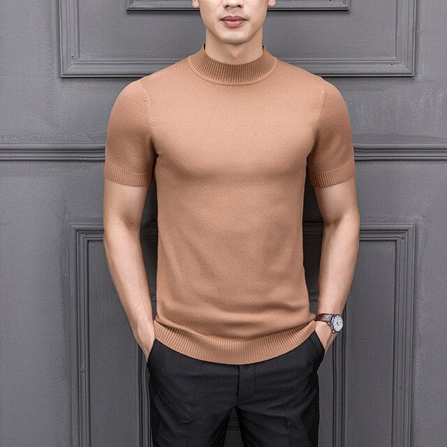 Semi-High Collar Knitting For Male Half-Sleeved Men Sweater