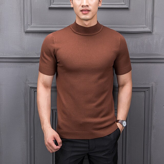 Semi-High Collar Knitting For Male Half-Sleeved Men Sweater