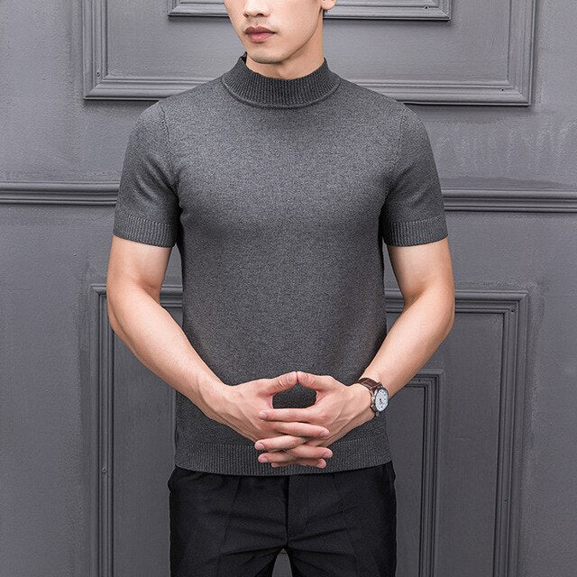 Semi-High Collar Knitting For Male Half-Sleeved Men Sweater