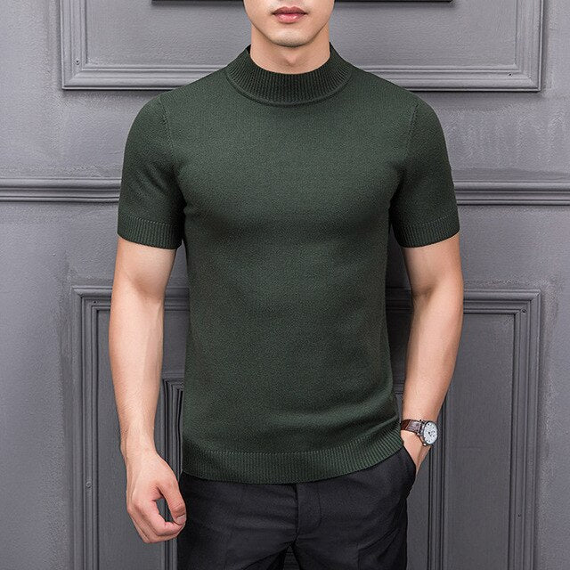 Semi-High Collar Knitting For Male Half-Sleeved Men Sweater