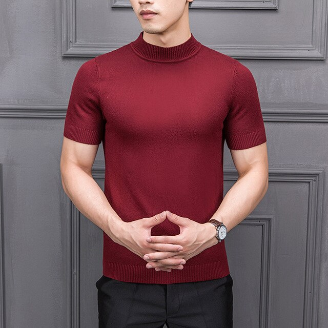 Semi-High Collar Knitting For Male Half-Sleeved Men Sweater