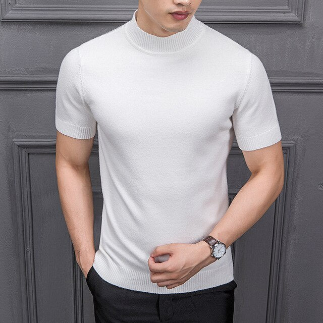 Semi-High Collar Knitting For Male Half-Sleeved Men Sweater