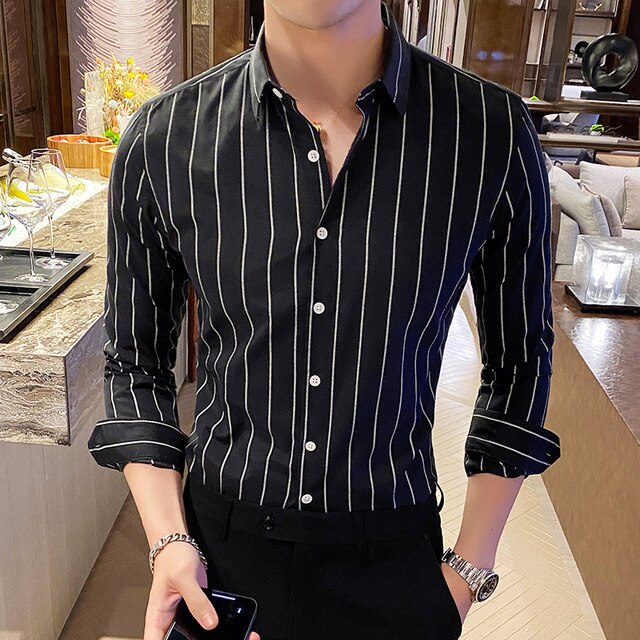 Fashion Men Shirts Button Down Slim Fit Long Sleeve Striped Shirts