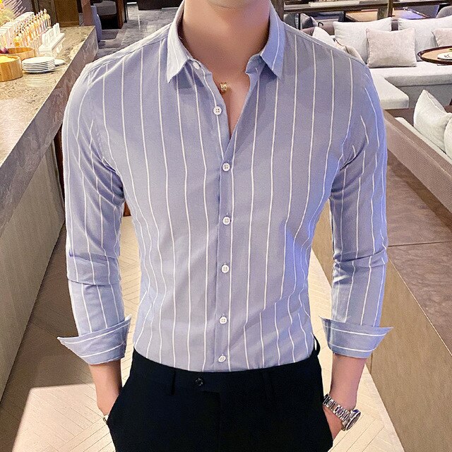 Fashion Men Shirts Button Down Slim Fit Long Sleeve Striped Shirts