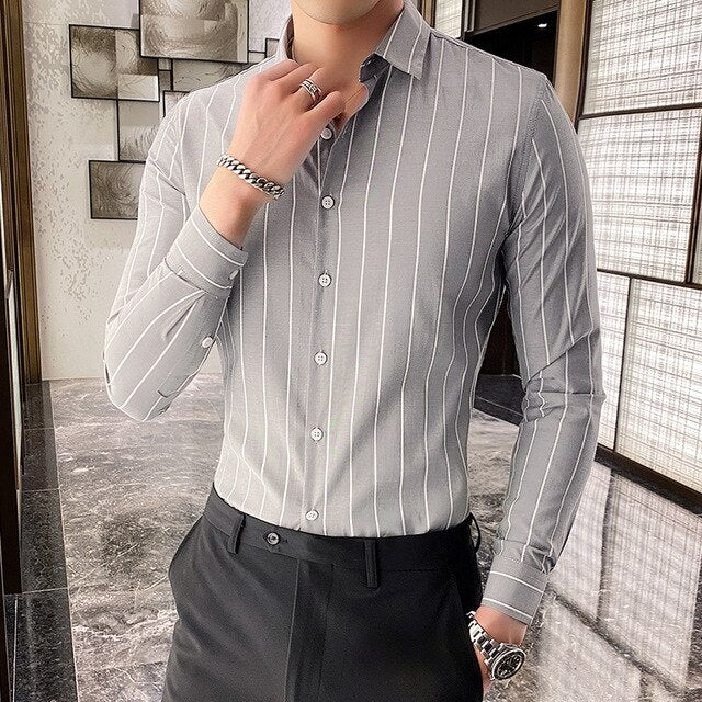 Fashion Men Shirts Button Down Slim Fit Long Sleeve Striped Shirts