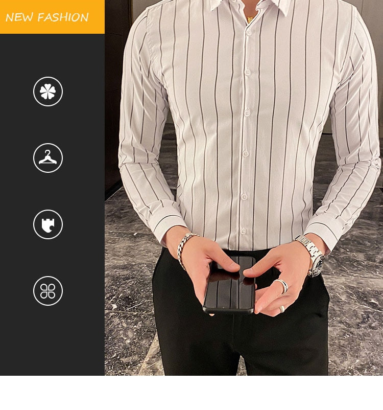 Fashion Men Shirts Button Down Slim Fit Long Sleeve Striped Shirts