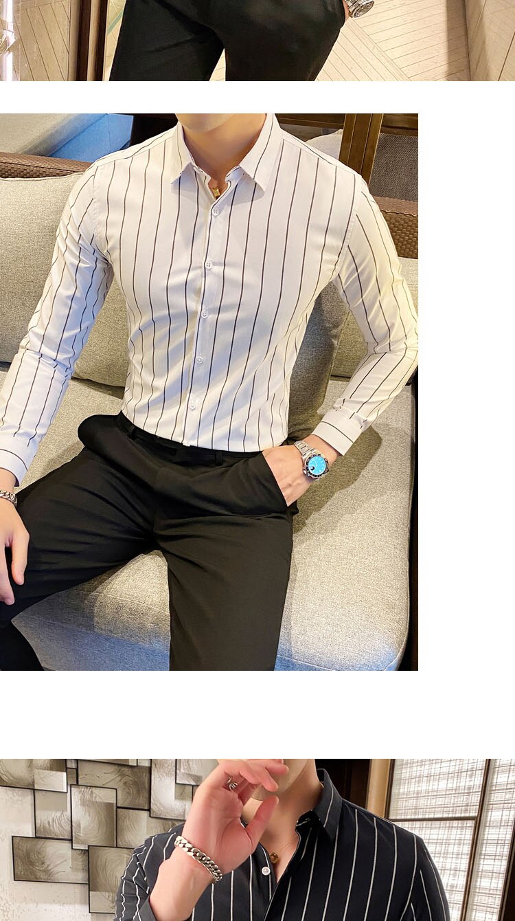 Fashion Men Shirts Button Down Slim Fit Long Sleeve Striped Shirts