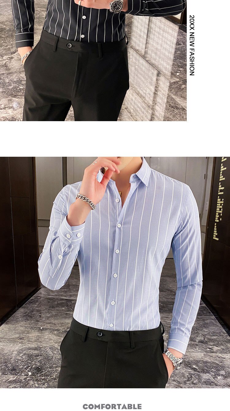 Fashion Men Shirts Button Down Slim Fit Long Sleeve Striped Shirts