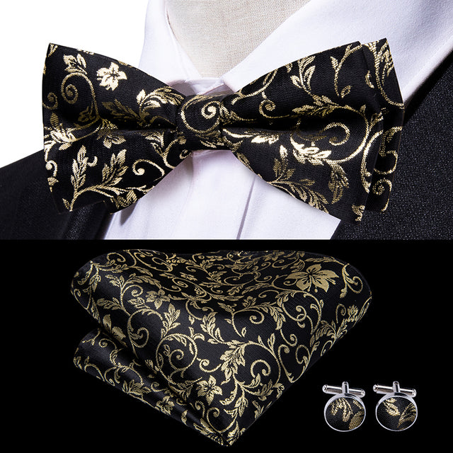 Silk Butterfly Bow Tie with Hanky Cufflinks Set