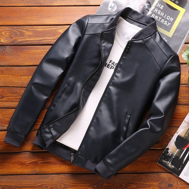 Men PU Leather Jackets Fashion Casual Coats Outerwear Slim Fit Leather Jacket