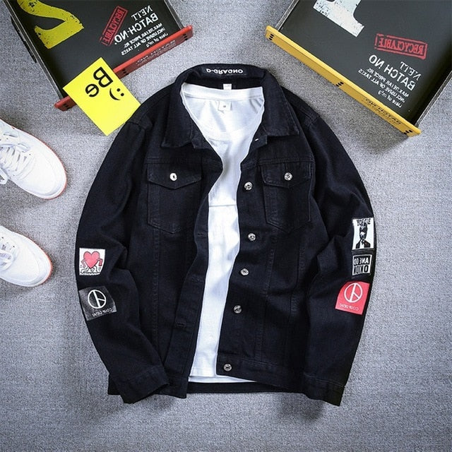 Denim blue jeans jacket long-sleeved letter print casual men's streetwear
