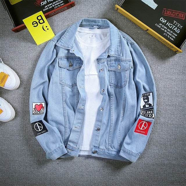 Denim blue jeans jacket long-sleeved letter print casual men's streetwear